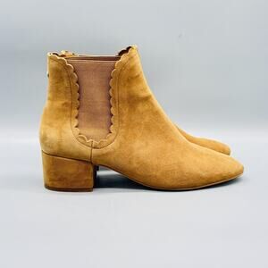 Kate Spade Boots Womens 8.5 Beige Suede Chelsea Ankle Scallop Block Heel Booties